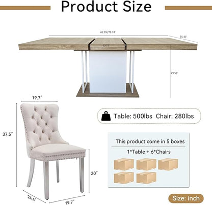 Goujxcy 78.7" Farmhouse Extendable Dining Room Table Set for 6, 7-Piece Rectangle Kitchen Dining Room Table Set with Wood Base and 6 Beige Velvet Dining Chairs, Extending Kitchen & Dining Table Set
