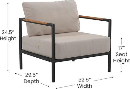 Flash Furniture Lea Indoor/Outdoor Patio Chair with Cushions - Modern Aluminum Framed Chair with Teak Accented Arms, Black with Beige Cushions