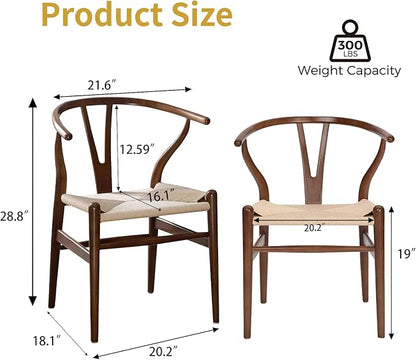 Wishbone Chair Natural Solid Wood Dining Chair/Hans Vegner Y Chair Rattan and Wood Accent Armrest Chairs (Ash Wood - Walnut 2 Chairs)