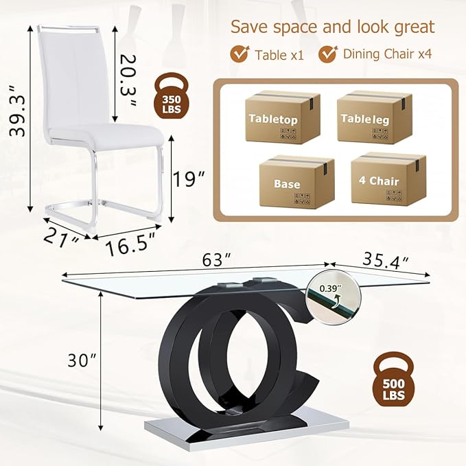 63'' Glass Dining Table Set for 4, Kitchen Table Chairs Set of 4, Clear Glass Dining Table with Black unique design Leg and Silver Metal Base, 4 PU Dining Chairs with Metal Legs, Living Room, Kitchen.