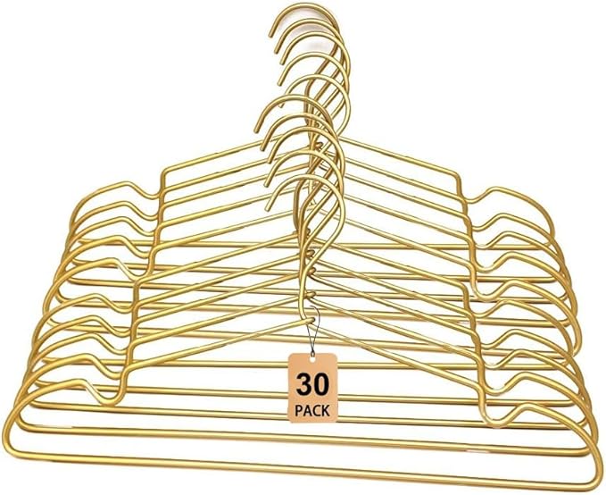 30 Pack Gold Matt Metal Wire Hangers Coat Suit Clothes Hangers with Notches,16.5" Heavy Duty Durable Hangers for Adult, Shirt Dress Pants Hanger Space Saving Legging Organizer