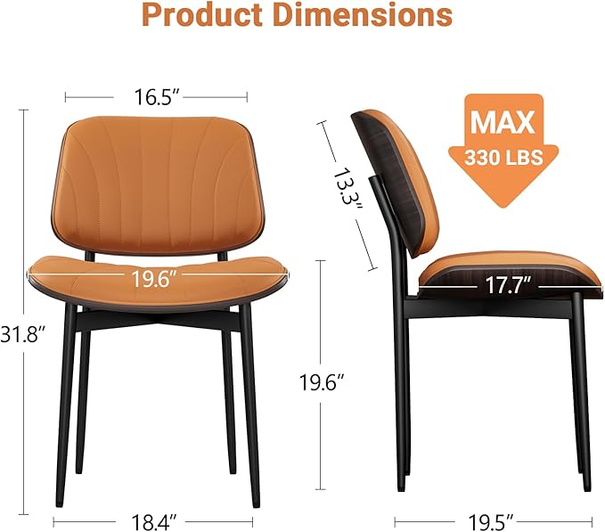 Dining Chairs Set of 6, Mid Century Modern Dining Room and Kitchen Chairs, Upholstered PU Leather Chairs with Walnut Bentwood and Metal Legs, Orange