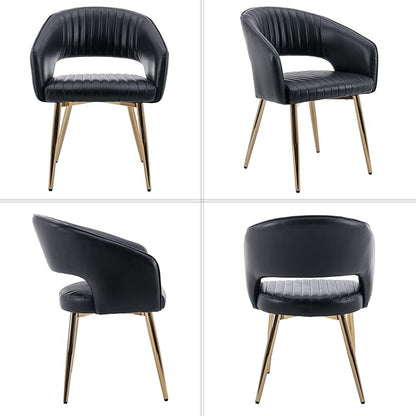 Modern Dining Chairs Set of 2, Upholstered PU Leather Gold Dining Room Chairs with Hollow Back, Accent Armrest Kitchen Chairs with Gold Legs for Living Room Black