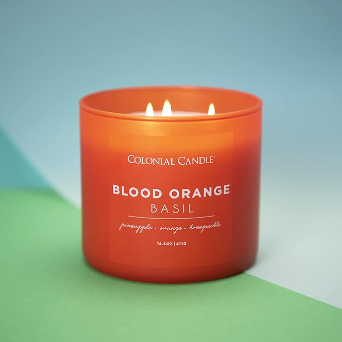 Colonial Candle Blood Orange Basil Scented Jar Candle, Pop of Color Collection, 3 Wick, Orange, 14.5 oz - Up to 60 Hours Burn