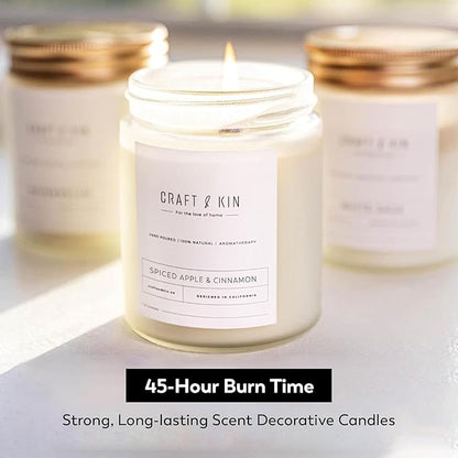 Craft & Kin Apple and Cinnamon Christmas Scented Candles | 8 Oz, 45-Hour Long Lasting | Classic Soy Winter Candle with Wood Wick | Made with Natural Soy | Holiday Candles Gifts for Men and Women