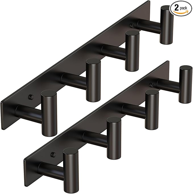 HUFEEOH 2 Pack Coat Rack Wall Mount, Stainless Steel T Shaped 4 Hooks Coat Hooks for Bathroom, Heavy Duty Wall Hooks Towel Hooks for Hanging, Black Towel Rack Purse Hanger for Mudroom Entryway