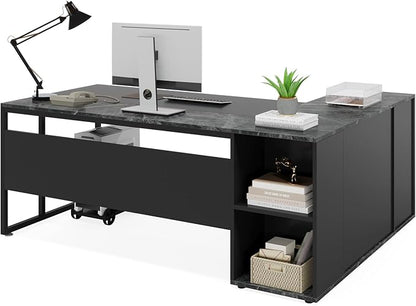 Tribesigns 71 inch Executive Desk, L Shaped Desk with Cabinet Storage, Executive Office Desk with Shelves, Business Furniture Set Workstation for Home Office, Black