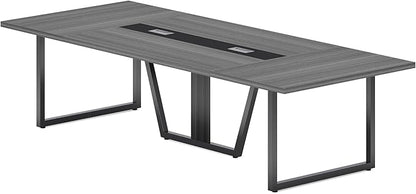 LITTLE TREE 8FT Conference Table for 10 People, Large Meeting Table, Modern Wooden Conference Room Tables with Cable Management, Business Style Training Tables with Strong Metal Legs for Office, Grey