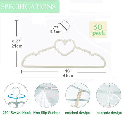 White Velvet Hangers 50 Pack, 16" Non Slip Adult Hangers, Slim Clothes Hanger with 360 Degree Swivel Hook - Durable & Cute