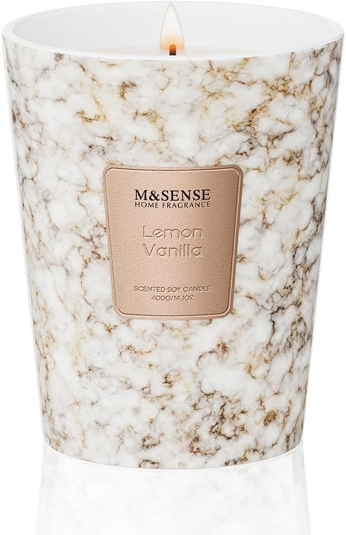 M&SENSE Lemon Vanilla Scented Soy Candle, 3 Wick Highly Scented 14.1 Oz 80H, Aromatherapy Christmas Gift for Women and Men