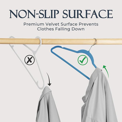 HOUSE DAY Tranquil Blue Velvet Hangers 60 Pack, Non Slip Clothes Felt Hanger Heavy Duty for Coat, Premium Slim Space Saving Suit Hangers for Closet Organizer, 360° Rotating Silver Hook