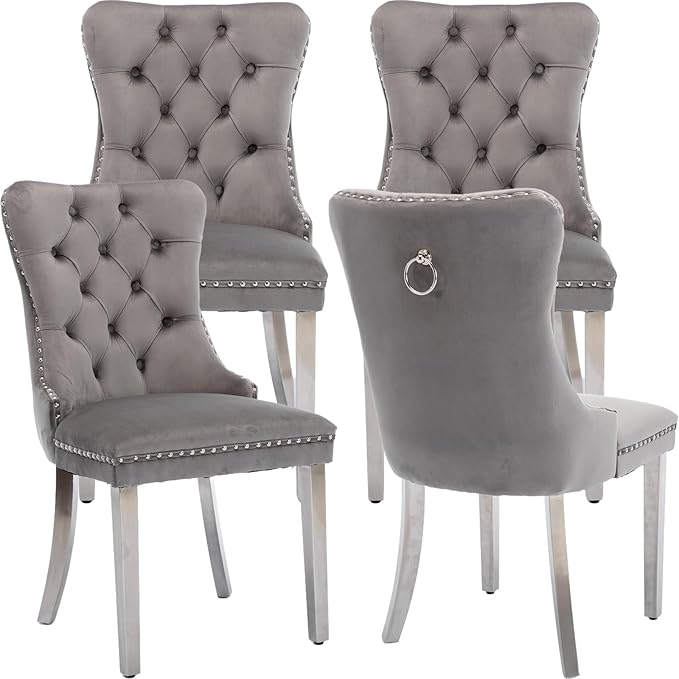 Luxury Upholstered Dining Chairs Set of 4, Grey Kitchen Chair with Silver Metal Legs, Velvet Tufted Back Dining Chair, Sillas de Comedor, Modern Kitchen & Dining Room Chairs (Gray, 4 Pcs)