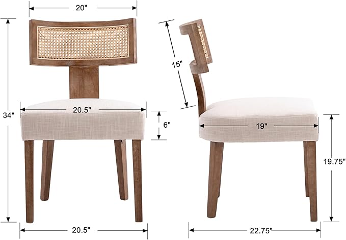 Rattan Dining Chairs Set of 2, Modern Dining Chairs, Kitchen Dining Room Chair, Curved Cane Back Upholstered Linen Fabric Dining Chair with Wood Frame, Beige