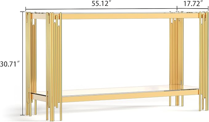 Goujxcy Modern Glass Console Table 55" Gold Entryway Table with Tempered Glass Top and Mirror Finish Stainless Steel Legs, Luxury Rectangular Sofa Table for Living Room Hallway Corridor Table (Gold)