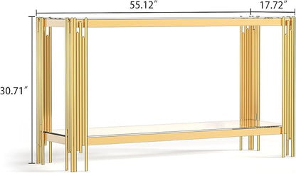 Goujxcy Modern Glass Console Table 55" Gold Entryway Table with Tempered Glass Top and Mirror Finish Stainless Steel Legs, Luxury Rectangular Sofa Table for Living Room Hallway Corridor Table (Gold)