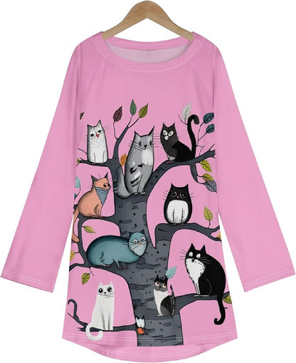 Womens Tunic Shirt Cute Cat Print Long Sleeve Round Neck Women T Shirts Cotton Casual Plus Size Vacation Tunics Tops