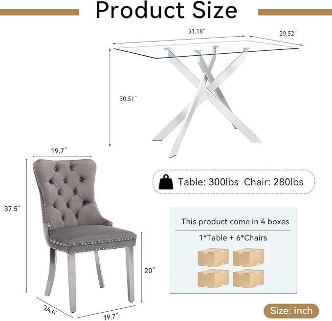 Goujxcy Glass Dining Table Set for 6, Modern Kitchen Table and Chairs Set of 6, 7-Piece Kitchen Dining Room Table Set w/51 Glass Metal Dining Table and 6 Grey Velvet Upholstered Chairs