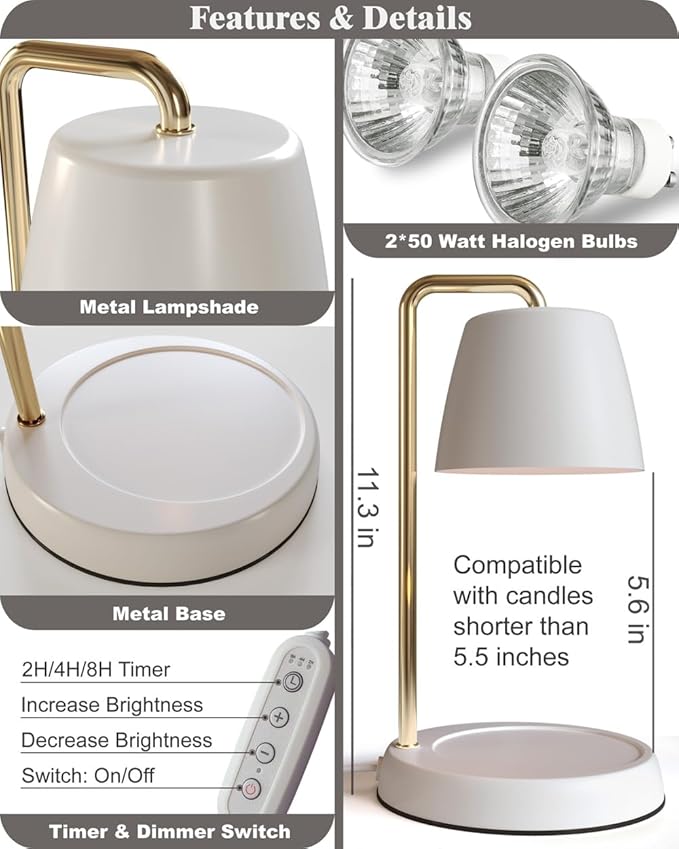 Candle Warmer Lamp with Timer and Dimmer - Electric Candle Lamp Warmer for Jar Candles - Ideal Home Decor Gift for Women, Daughter, and Mom - Includes 2 Bulbs (White & Gold)