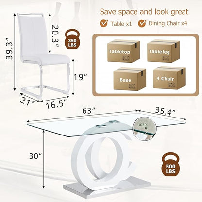63'' Glass Dining Table Set for 4, Kitchen Table Chairs Set of 4, Clear Glass Dining Table with White unique design Leg and Silver Metal Base, 4 PU Dining Chairs with Metal Legs, Living Room, Kitchen.