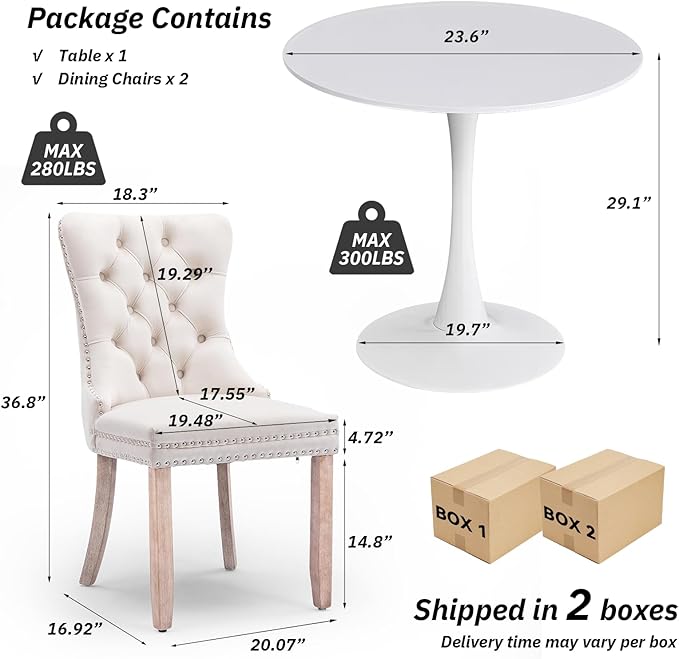 SoarFlash Kitchen Table and Chairs for 2, 24" Dining Table Set for 2 with Velvet Upholstered Chairs, 3 Piece Round Kitchen Table Set, Dining Room Table Set for Small Space, Apartment
