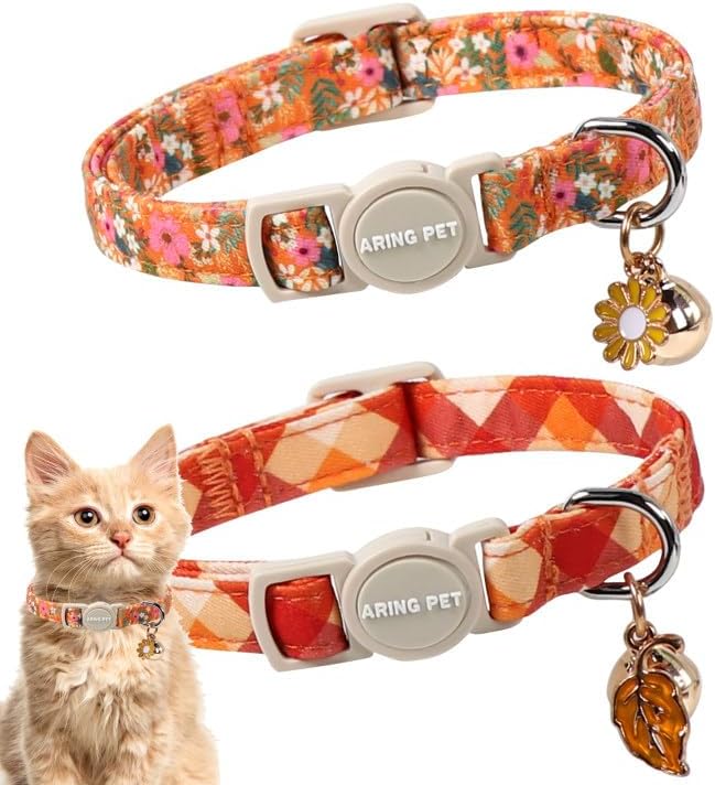 ARING PET 2 Pack Cat Collars, Breakaway Cotton Fall Halloween Kitten Collar with Bells for Girl Boy Cats Floral & Orange Plaid