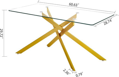 60.6'' Tempered Glass Dining Table for 4-6 People, Rectangle Kitchen Table with Gold X-Base Metal Legs, Adjustable Feet, Glass Top Desk for Home Office Gold Dining Room Table for 6