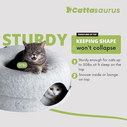 CATTASAURUS Peekaboo Cat Cave for Multiple & Large Cats Up to 30-45 Lbs, Scratch Detachable & Washable Tunnel Bed, Comfy Donut Cat Cave (Light Gray + Light Gray, Large)