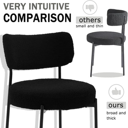 Black Boucle Dining Chairs Set of 6, Upholstered Dinner Chair with Metal Frame, Dining Room Chairs with Padded Seat, Round Modern Seating for Living Room