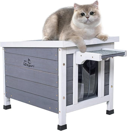 GEGURI Outdoor Cat House, Weatherproof Shelter for Ferrel Cats, Dogs, Rabbits Hutch with Elevated Floor, Asphalt Roof