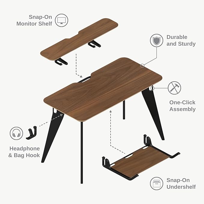 HOEK Desk Bundle, Modular Work from Home Desk with Monitor Shelf, Under Shelf, Side Hook and Wall Cleat, Compact 47.5" x 23", Durable Laminate Surface, Easy Tool-Free Assembly (Birch/Black)