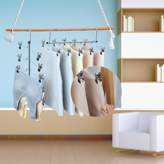 5 Tier Metal Skirt Hangers for Women, Pants Hanger Space Saving with Non Slip Adjustable Clips,Durable Heavy Duty Trouser Hangers for Jeans, Slacks, Shorts - 2 Pack