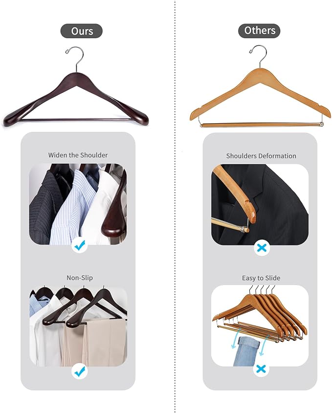 Nature Smile Luxury Mahogany Wooden Suit Hangers - 12 Pack - Wood Coat Hangers,Jacket Outerwear Shirt Hangers with Extra-Wide Shoulder, 360 Degree Swivel Hooks & Anti-Slip Bar with Screw