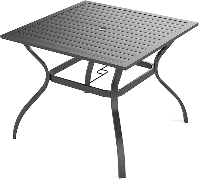 PHI VILLA 37" Metal Steel Slat Patio Dining Table Square Backyard Bistro Table Outdoor Furniture Garden Table, 1.57” Umbrella Hole, Black