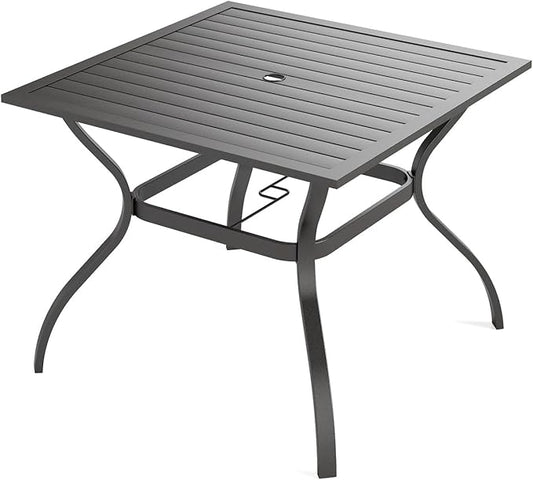 PHI VILLA 37" Metal Steel Slat Patio Dining Table Square Backyard Bistro Table Outdoor Furniture Garden Table, 1.57” Umbrella Hole, Black