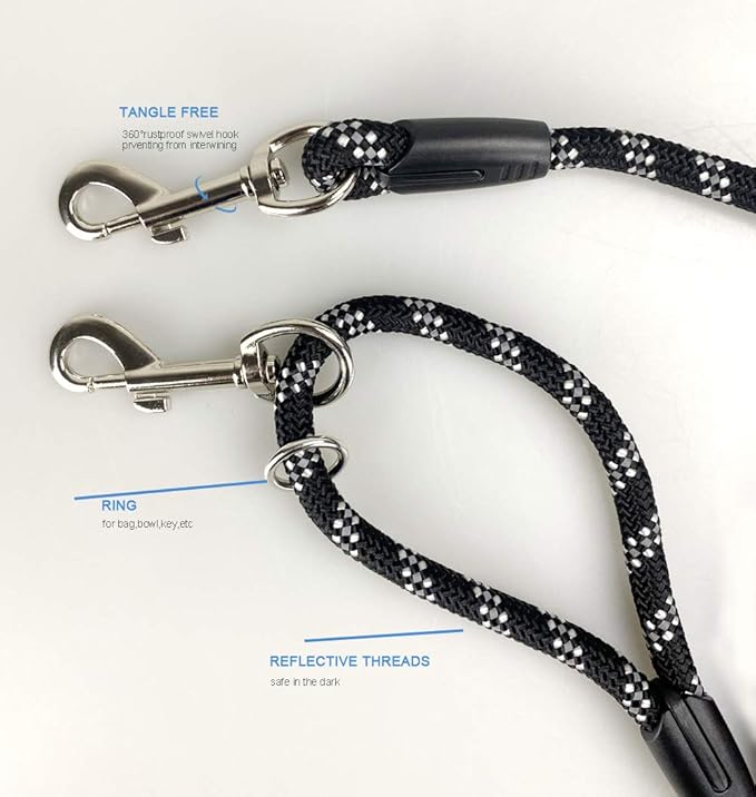 Long Rope Dog Leash for Dog Training 12FT 20FT 30FT 50FT, Reflective Threads Dog Cat Leashes Tie-Out Check Cord Recall Training Agility Lead for Large Medium Small Dogs (Black, 10mm*20ft)