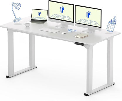 FLEXISPOT 4 Legs Standing Desk 63 x 28 Inch Electric Adjustable Height Desk with Splice Board Home Office Sit Stand Up Desk, White Top + White Frame