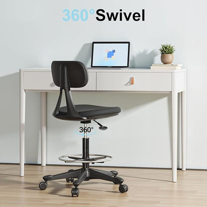 Drafting Stool with Back Support – Height Adjustable Standing Desk Stool with Back & Foot Rest | Auto-Lock Casters,Ergonomic |Tall Standing Desk Chair for Studio, Lab, Office or Home