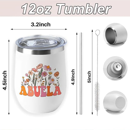 Abuela Grandma Birthday Gifts Wine Tumbler 12 oz Insulated Wine Glass Cup with Lid Straw Vacuum Insulated Travel Cup,Grandma Gifts from Granddaughter for Women Grandmother Christmas Mothers Day