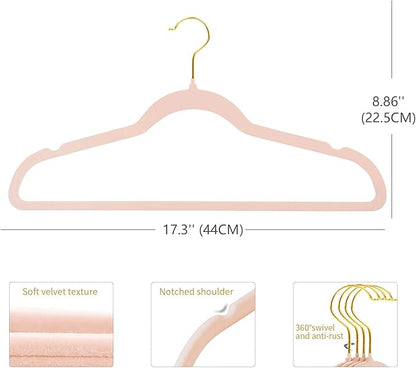 ManGotree Velvet Coat Hangers with 360° Swivel Gold Hook, Non-Slip Felt Suit Hangers, Slim Space Saving Clothes Hanger for Jacket, Sweater, Shirt, Dress, Pants (22 Pack, Light Pink)