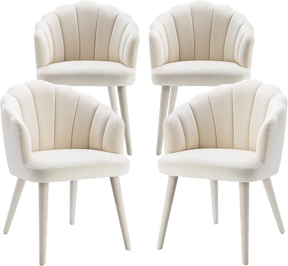 Velvet Dining Chairs Set of 4 Modern Living Room Chairs with Petal Back & Wood Legs Comfy Upholstered Side Chair for Dining Room/Bedroom/Vanity, Cream