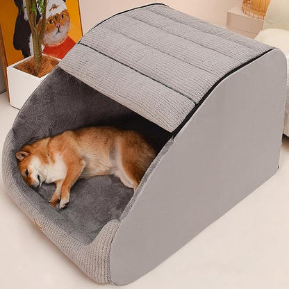 Large Dog House Indoor, Soft Plush Dogs Cave Bed Covered Pet Bed with Fluffy Washable Cushion, Portable Dog/Cat Pet Tent House for Small Medium Dogs (Grey, X-Large)