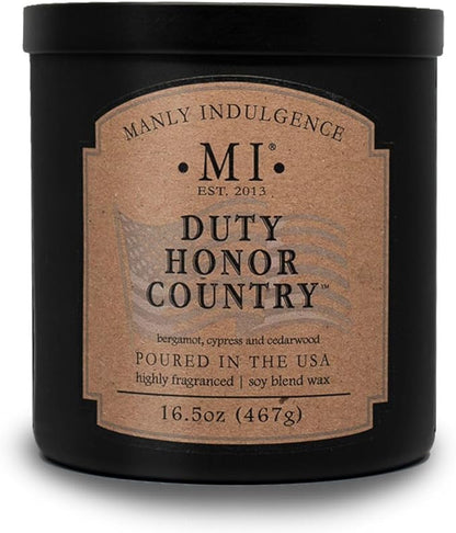 Manly Indulgence Duty Honor Country Scented Jar Candle, 2 Wick, 16.5 oz Premium Soy Blend Wax, 60H Burn, Candles for Home Scented - Made in The USA