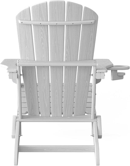 Plawdlik Folding Adirondack Chair, SGS Tested, Wooden Textured with Cup Holder, Heavy All-Weather HDPE Comfortable Set Poolside Backyard Lawn White