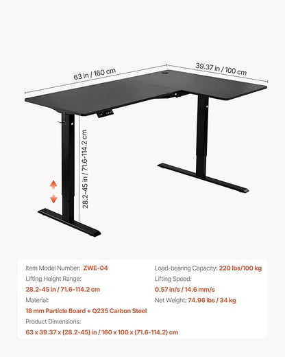 VEVOR Electric L Shaped Standing Desk 63"x39", 3 Memory Height Adjustable, Dual Motor Corner Sit Stand Up Desk with 2 Hooks, Heavy Duty Carbon Steel Computer Table Workstation, Easy to Assemble, Black
