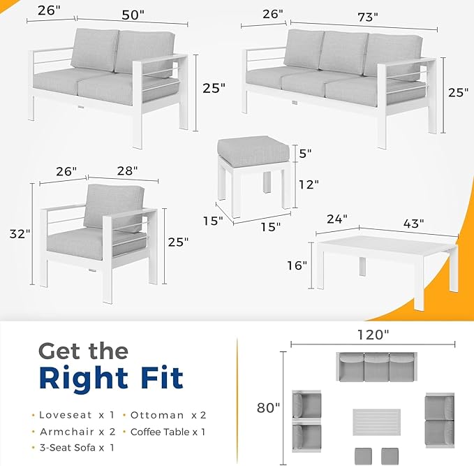 Wisteria Lane Aluminum Outdoor Patio Furniture Set with Footrest, Modern Patio Conversation Sets, Outdoor Sectional Metal Sofa with 5 Inch Cushion and Coffee Table for Balcony, Garden, Light Grey