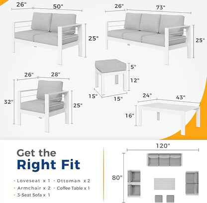 Wisteria Lane Aluminum Outdoor Patio Furniture Set with Footrest, Modern Patio Conversation Sets, Outdoor Sectional Metal Sofa with 5 Inch Cushion and Coffee Table for Balcony, Garden, Light Grey