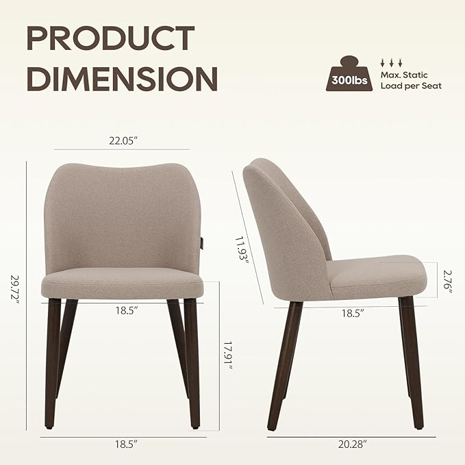 Wooden Dining Chairs Set of 4, Upholstered Kitchen Dining Room Chair, Modern Fabric Farmhouse Dinner Chair for Restaurant & Cafe, Camel