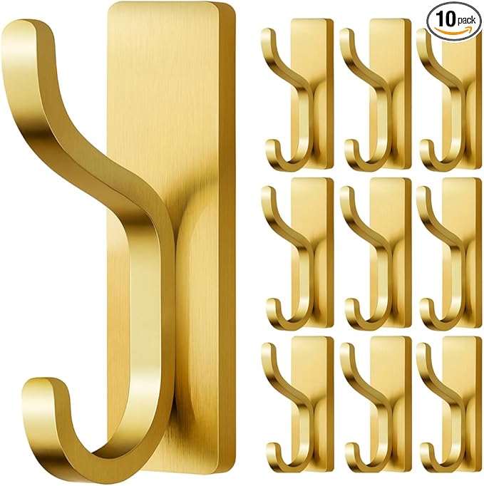 pickpiff 10-Pack Adhesive Wall Coat Hooks - Heavy Duty Stick-On Door Hanger, Metal Hook for Hanging Towel,Purse, Robe, Backpack, Jacket, Clothes - for Bathroom,Dorm, Closet, Kitchen - Brushed Gold