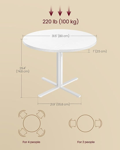 VASAGLE Dining Table, Small Round Kitchen Table for 4 People, 31.5 x 29.4 Inches, for Dining Room, Living Room, Farmhouse, Water-Resistant, Snow White UKDT082W01V1