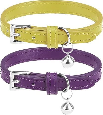 PUPTECK 2 PCS Soft Genuine Leather Cat Kitten Collar with Bells Adjustable for Girl Boy Cats Puppy - Yellow Green, Deep Purple